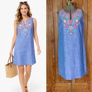 Talbots Chambray Linen Cotton Embroidered Shift Dress Sleeveless Sz 6💛🎀